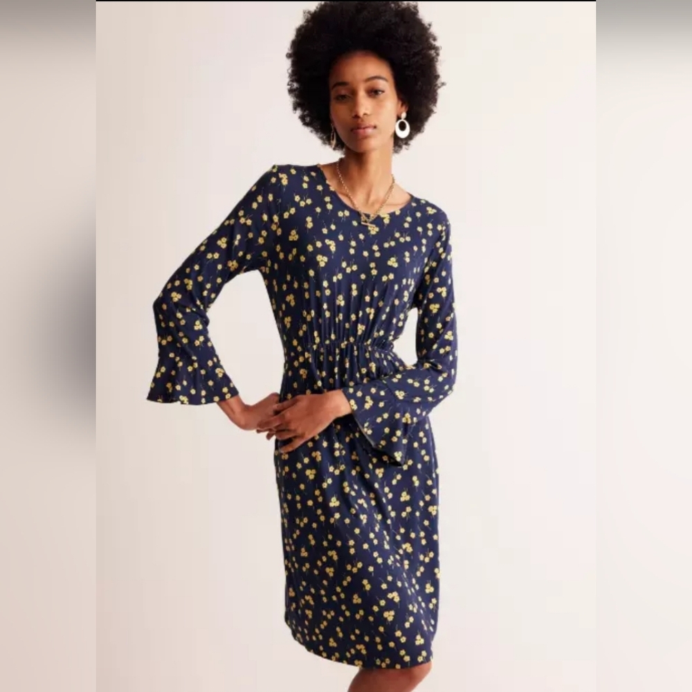 NWT Boden Flute Sleeve Jersey Dress Women's 6R Blue Yellow Floral D1049